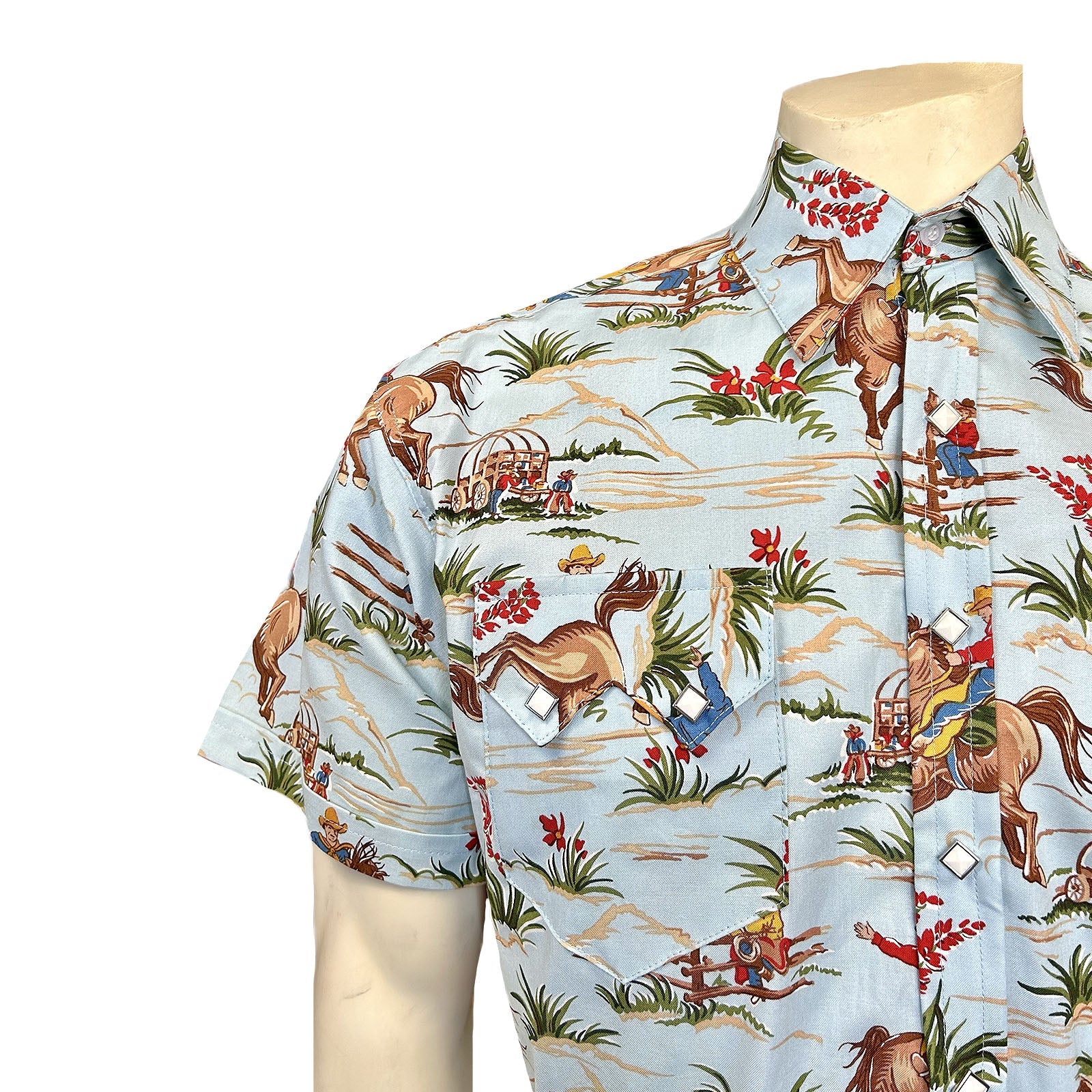 Rockmount Ranch Wear Menâ€™s Vintage Western Print Light Blue Short Sleeve Shirt - Rockmount Clothing - Flyclothing LLC