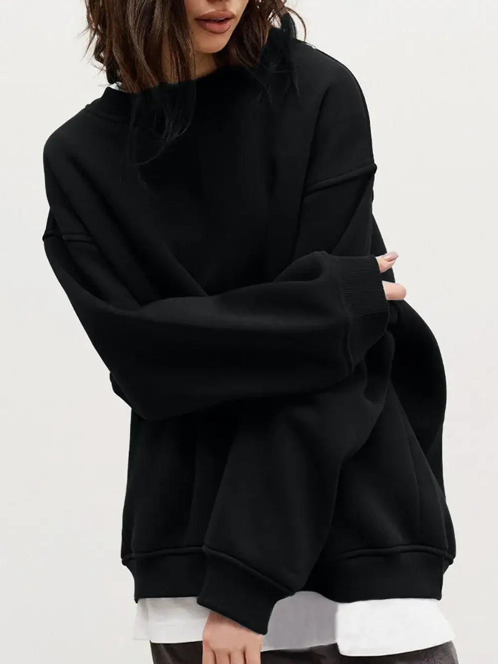 Round Neck Dropped Shoulder Long Sleeve Sweatshirt - Trendsi - Flyclothing LLC