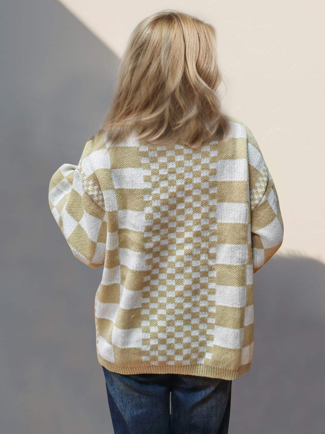 Double Take Checkered Open Front Dropped Shoulder Cardigan - Trendsi - Flyclothing LLC