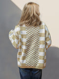 Double Take Checkered Open Front Dropped Shoulder Cardigan - Trendsi