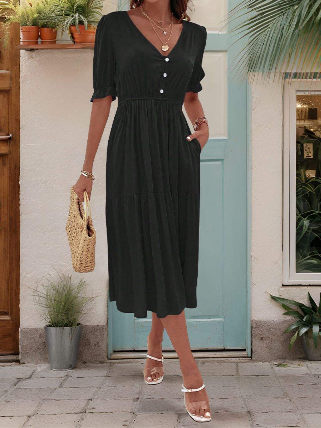 Ruched V-Neck Half Sleeve Midi Dress - Trendsi - Flyclothing LLC