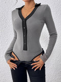 Perfee Contrast Trim Johnny Collar Long Sleeve Bodysuit - Trendsi