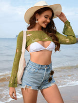 Distressed Boat Neck Long Sleeve Cover Up - Trendsi - Flyclothing LLC