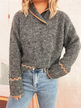 Ribbed Contrast Trim Long Sleeve Sweater - Trendsi - Flyclothing LLC