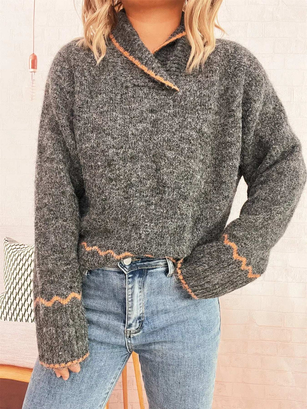 Ribbed Contrast Trim Long Sleeve Sweater - Trendsi - Flyclothing LLC