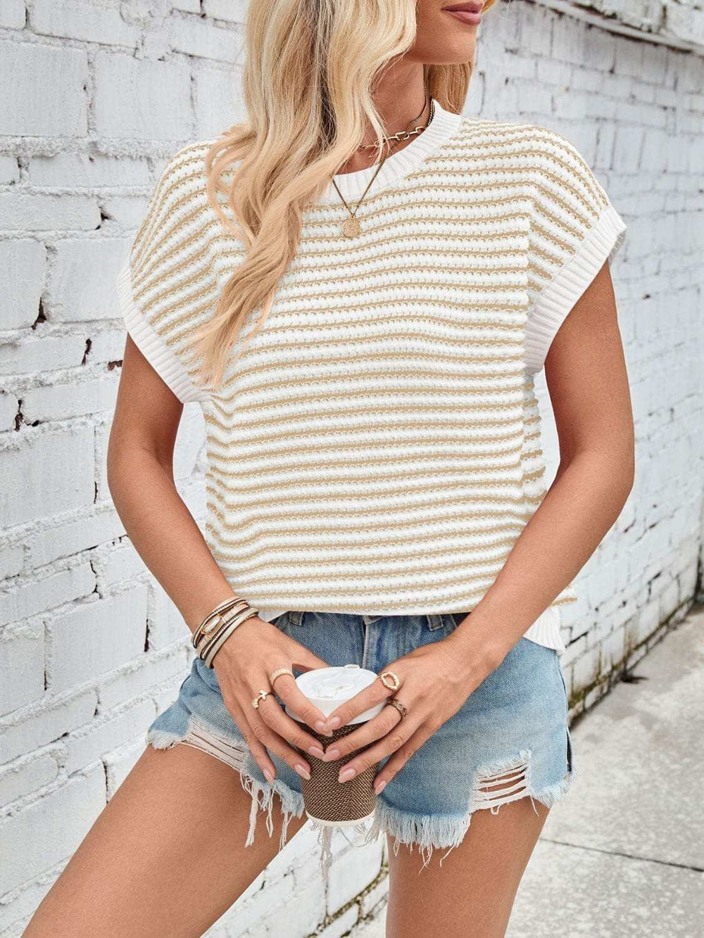 Lovelet Striped Round Neck Cap Sleeve Sweater - Trendsi - Flyclothing LLC