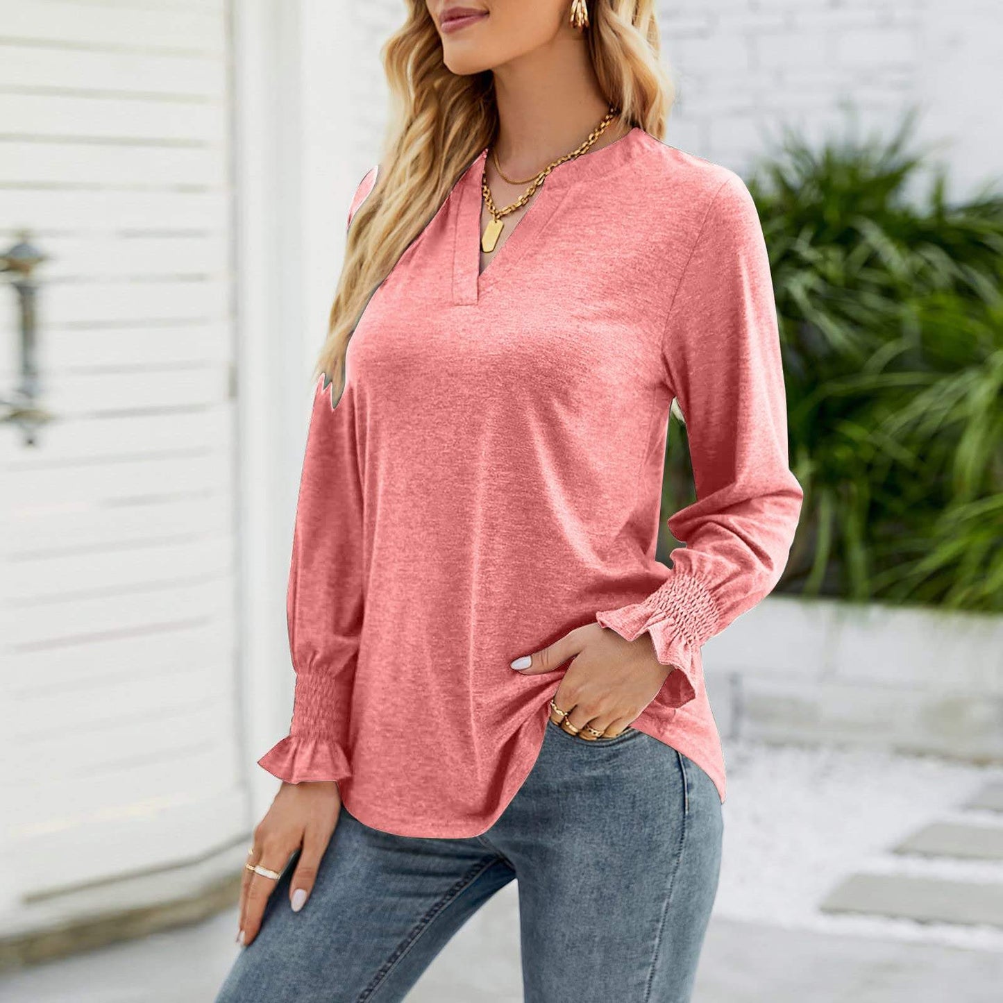Full Size Notched Long Sleeve T-Shirt - Trendsi - Flyclothing LLC