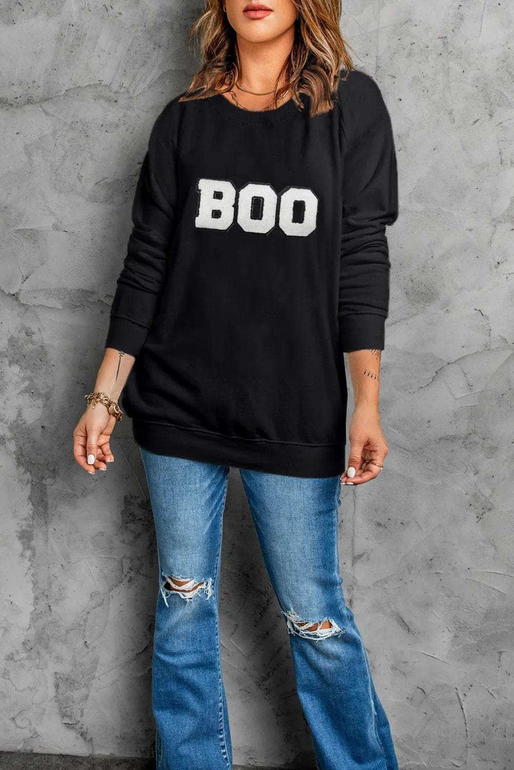 BOO Round Neck Long Sleeve Sweatshirt - Trendsi - Flyclothing LLC
