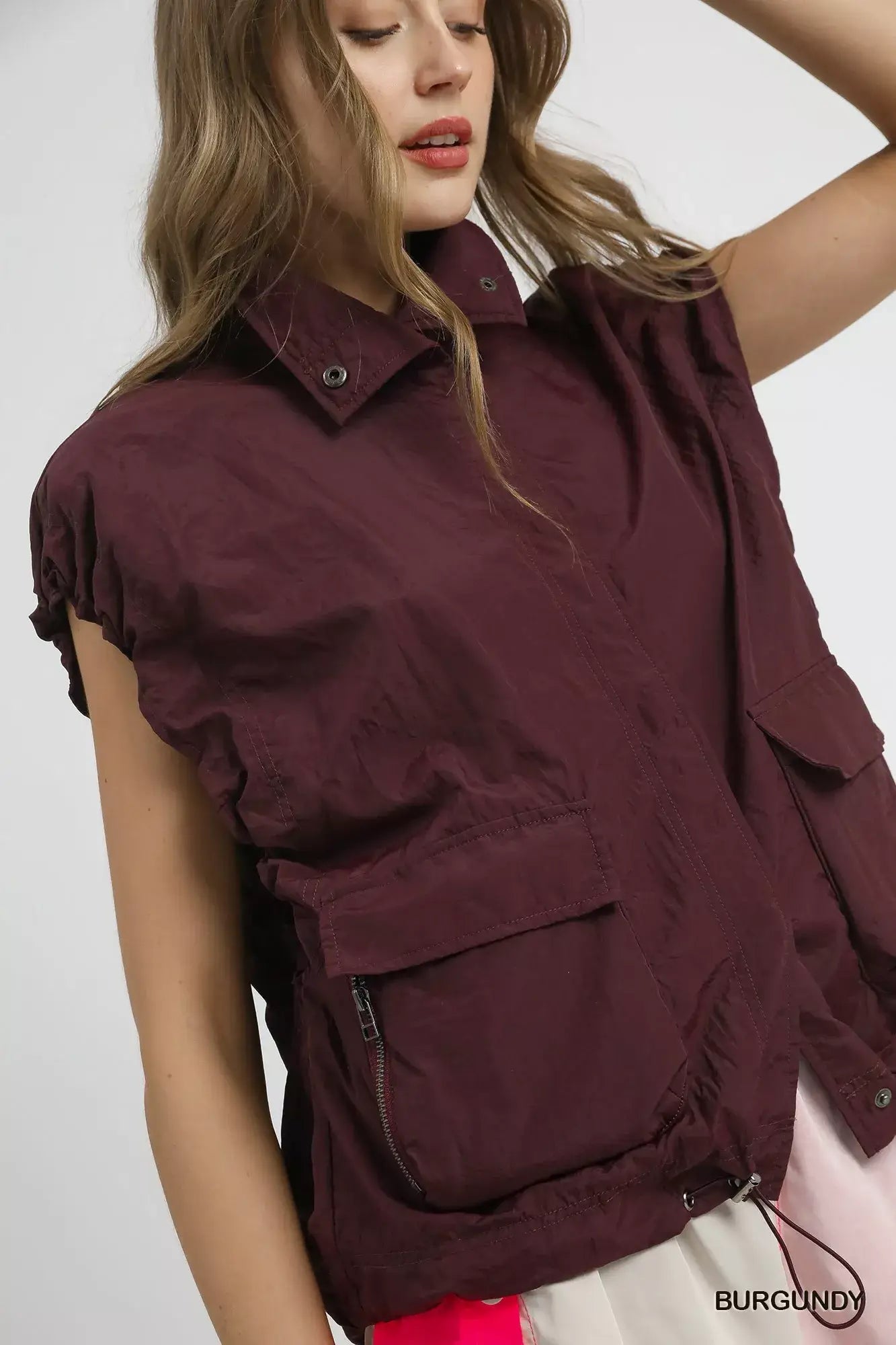 Umgee Drawstring Hem Nylon Vest with Pockets - Trendsi - Flyclothing LLC