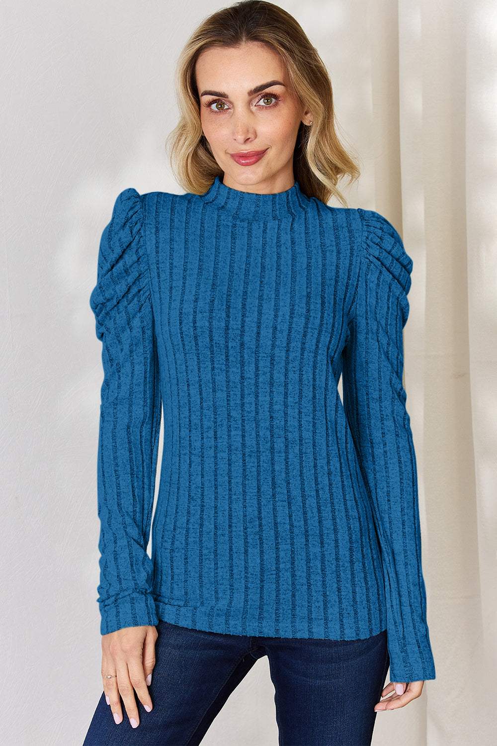 Basic Bae Full Size Ribbed Mock Neck Puff Sleeve T-Shirt - Trendsi - Flyclothing LLC