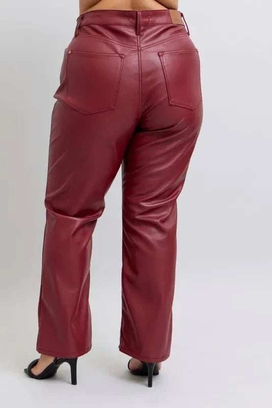 Judy Blue Full Size High Waist Tummy Control Faux Leather Straight Pants Plus Size - Trendsi - Flyclothing LLC