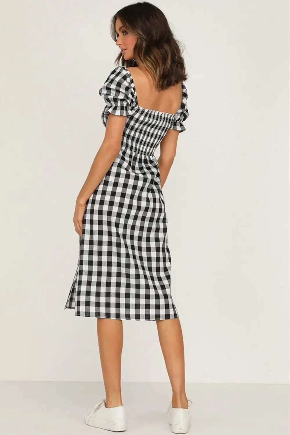 Full Size Slit Plaid Short Sleeve Midi Dress - Trendsi - Flyclothing LLC