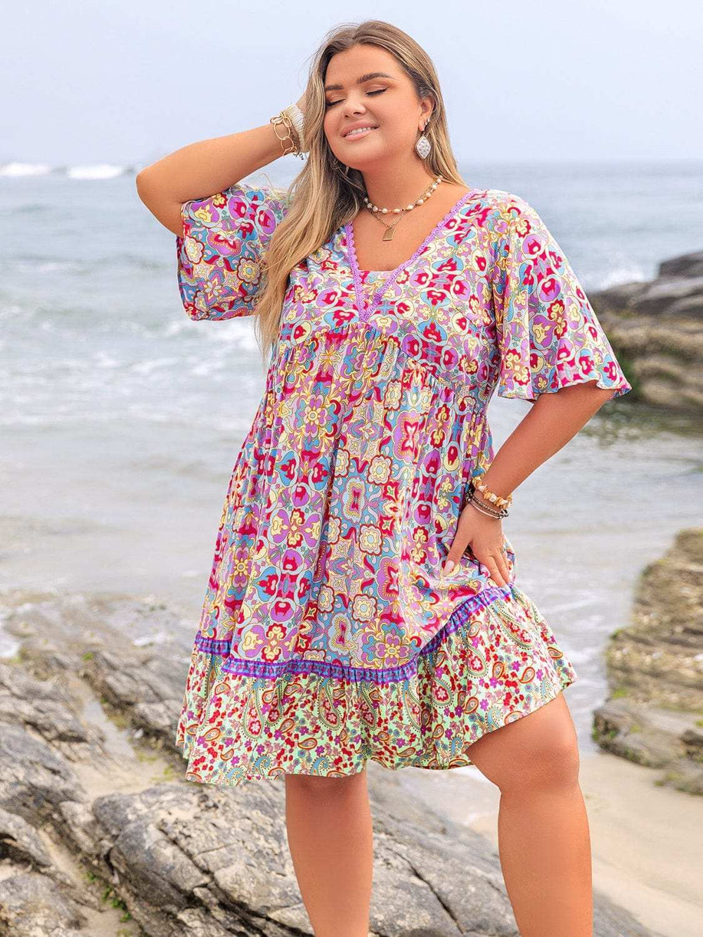 Plus Size Lace Detail Printed Half Sleeve Dress - Trendsi - Flyclothing LLC