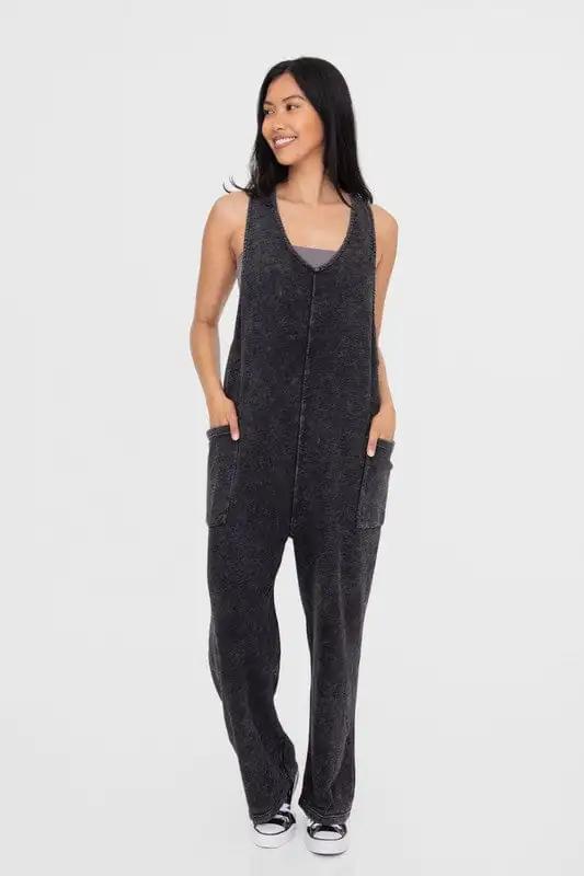 Mono B Mineral-Washed V Neck Overalls with Pockets - Trendsi