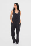 Mono B Mineral-Washed V Neck Overalls with Pockets - Trendsi