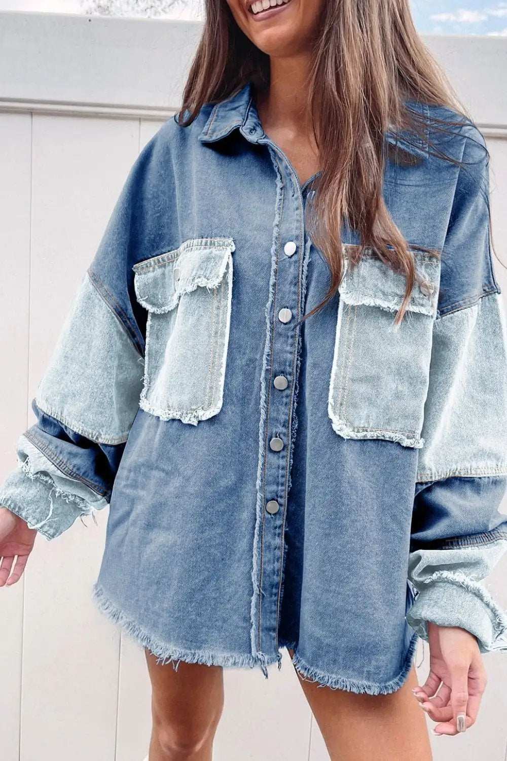 Raw Hem Color Block Denim Jacket - Trendsi - Flyclothing LLC