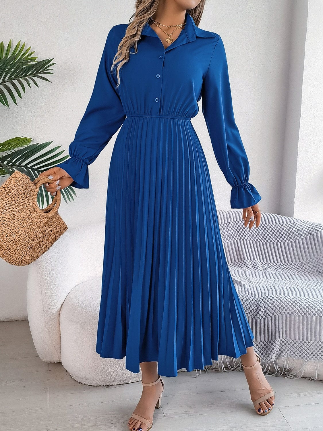 Pleated Half Button Long Sleeve Midi Dress - Trendsi