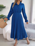 Pleated Half Button Long Sleeve Midi Dress - Trendsi - Flyclothing LLC