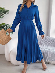 Pleated Half Button Long Sleeve Midi Dress - Trendsi