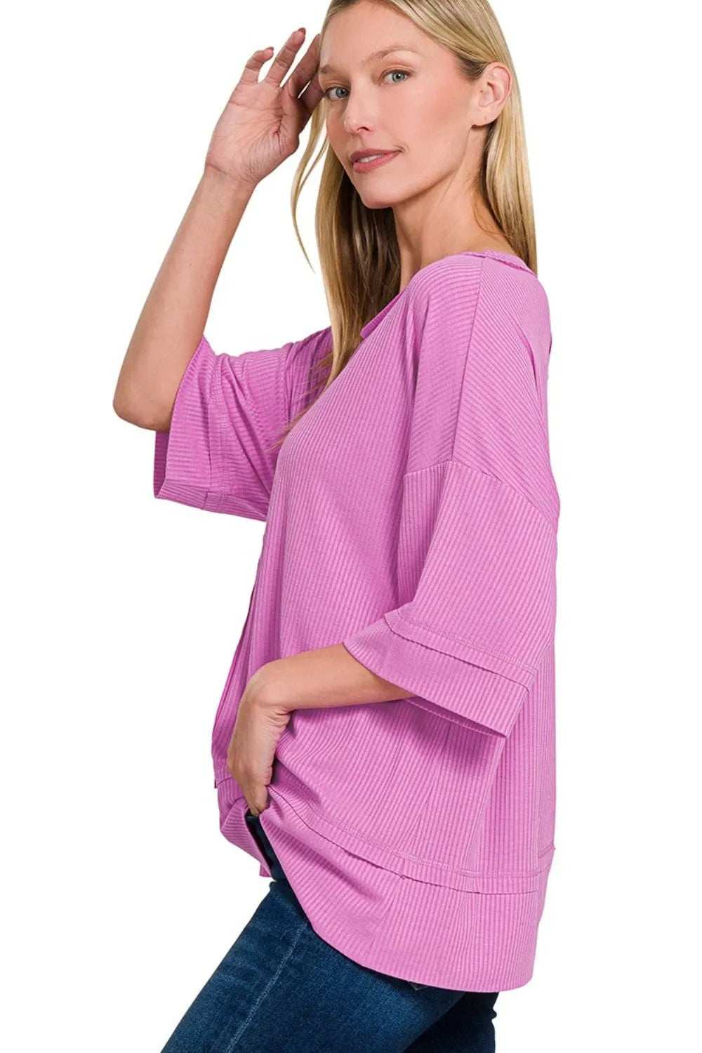Zenana Ribbed Boat Neck 3/4 Sleeve Top - Trendsi - Flyclothing LLC