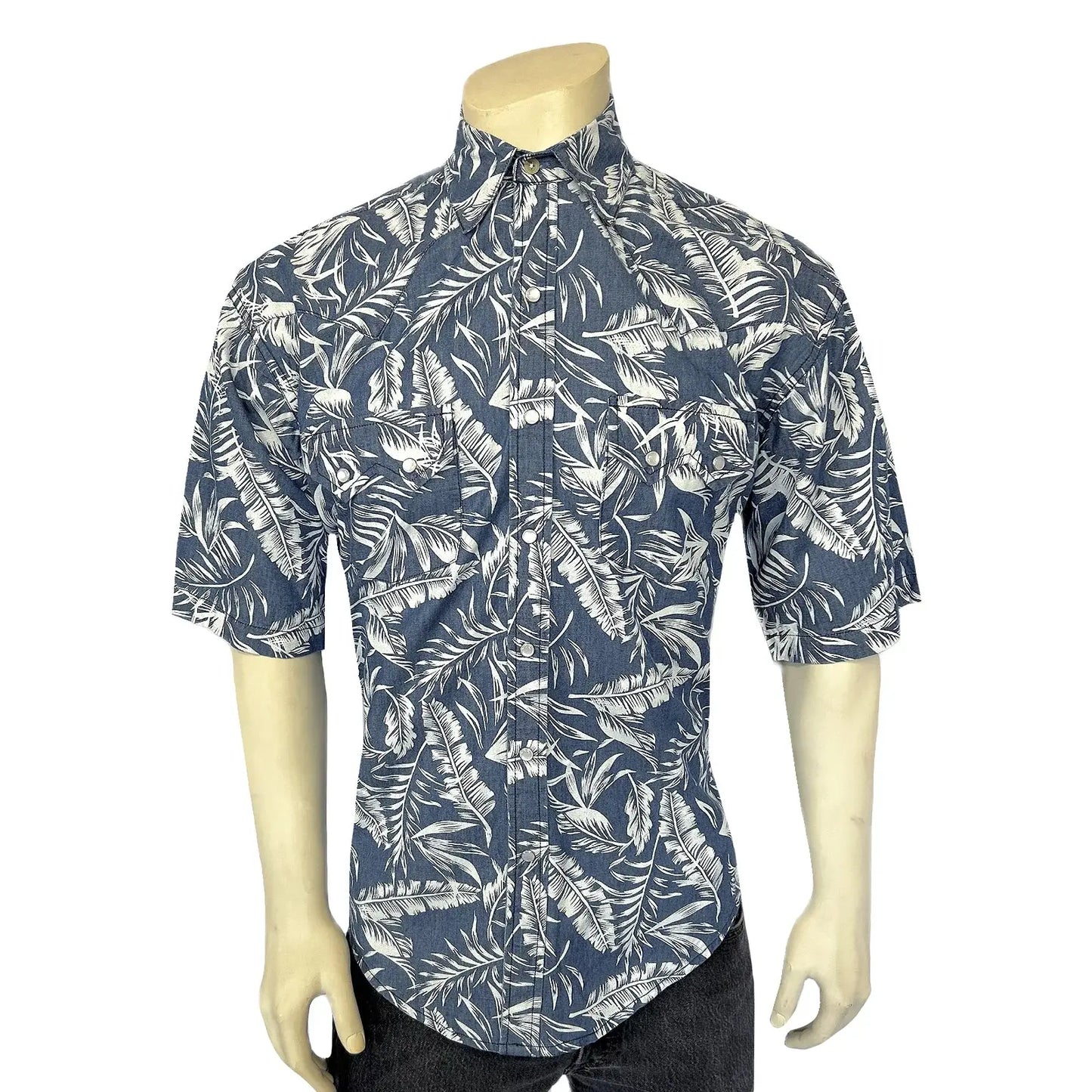 Rockmount Ranch Ware Men's Blue Chambray Floral Print Short Sleeve Western Shirt - Rockmount Clothing - Flyclothing LLC