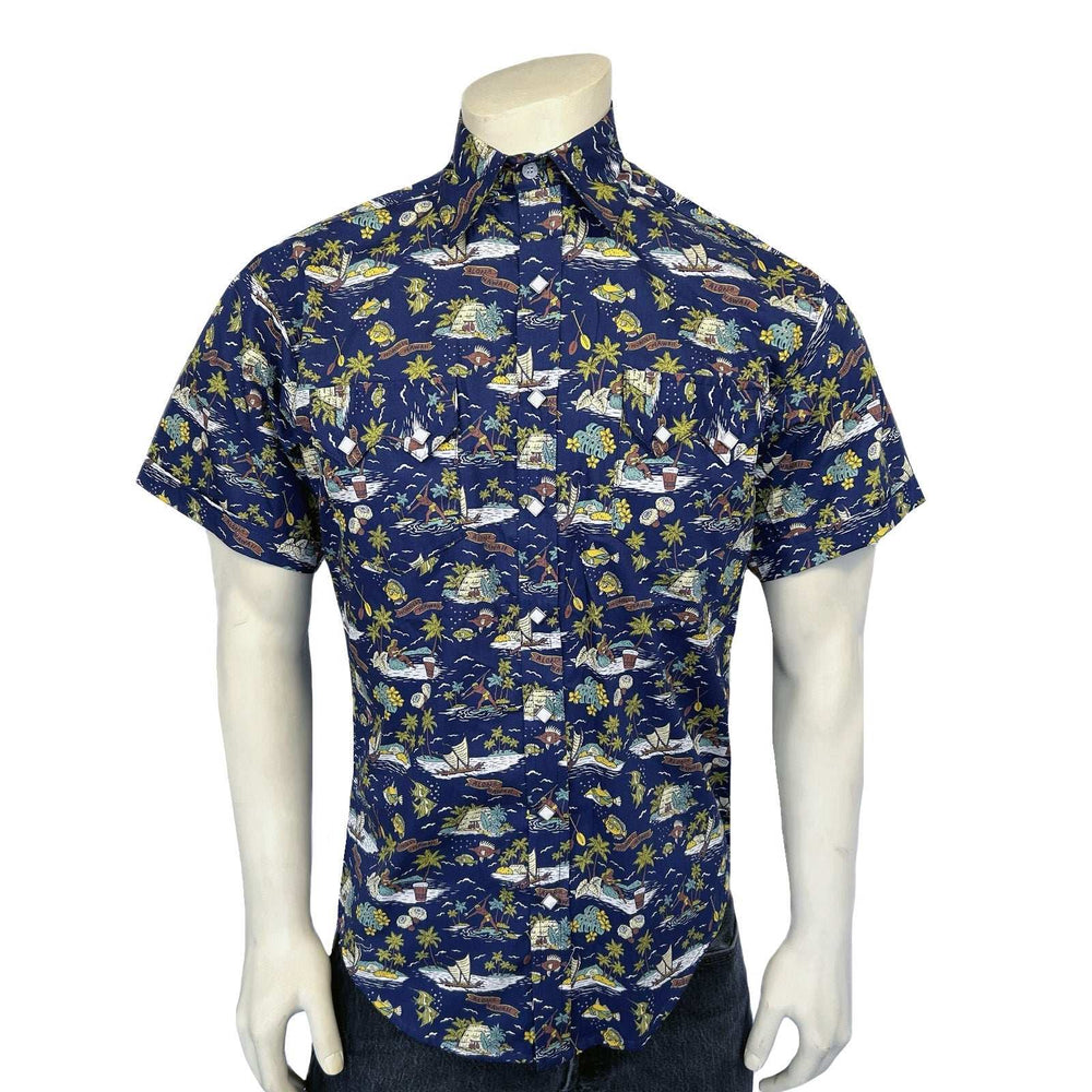 Rockmount Ranch Ware Menâs Short Sleeve Hawaiian Print Western Shirt in Blue - Rockmount Clothing - Flyclothing LLC