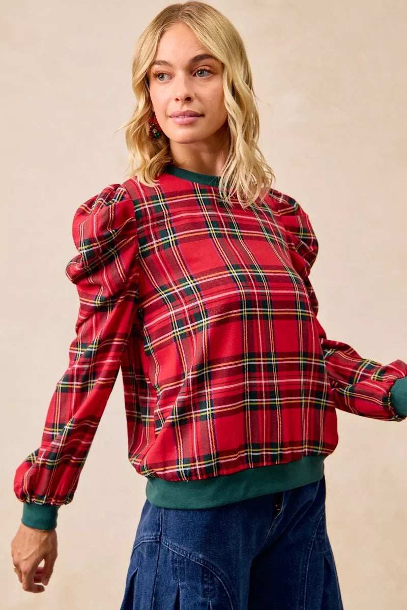 BiBi Christmas Plaid Exaggerated Shoulder Sleeves Top - Trendsi - Flyclothing LLC