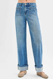 RISEN Full Size Elastic Band Mid Rise Wide Front Patch Pocket Cuff Jeans Plus Size - Trendsi - Flyclothing LLC