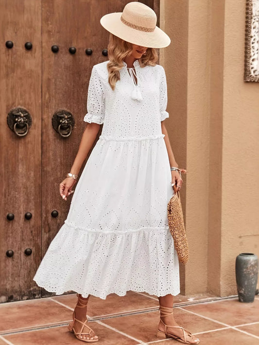 Eyelet Tie Neck Half Sleeve Midi Dress - Trendsi - Flyclothing LLC