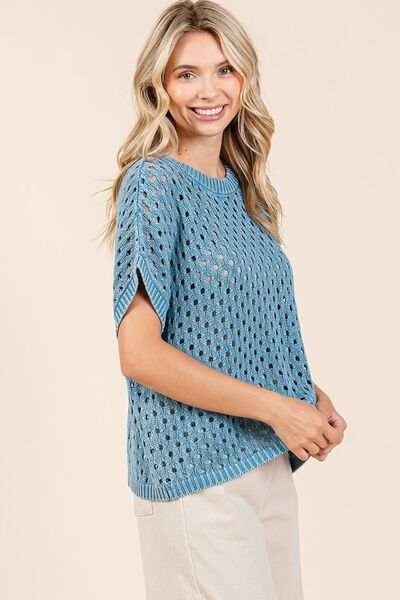 Mittoshop Mineral Wash Openwork Short Sleeve Knit Cover Up - Trendsi - Flyclothing LLC