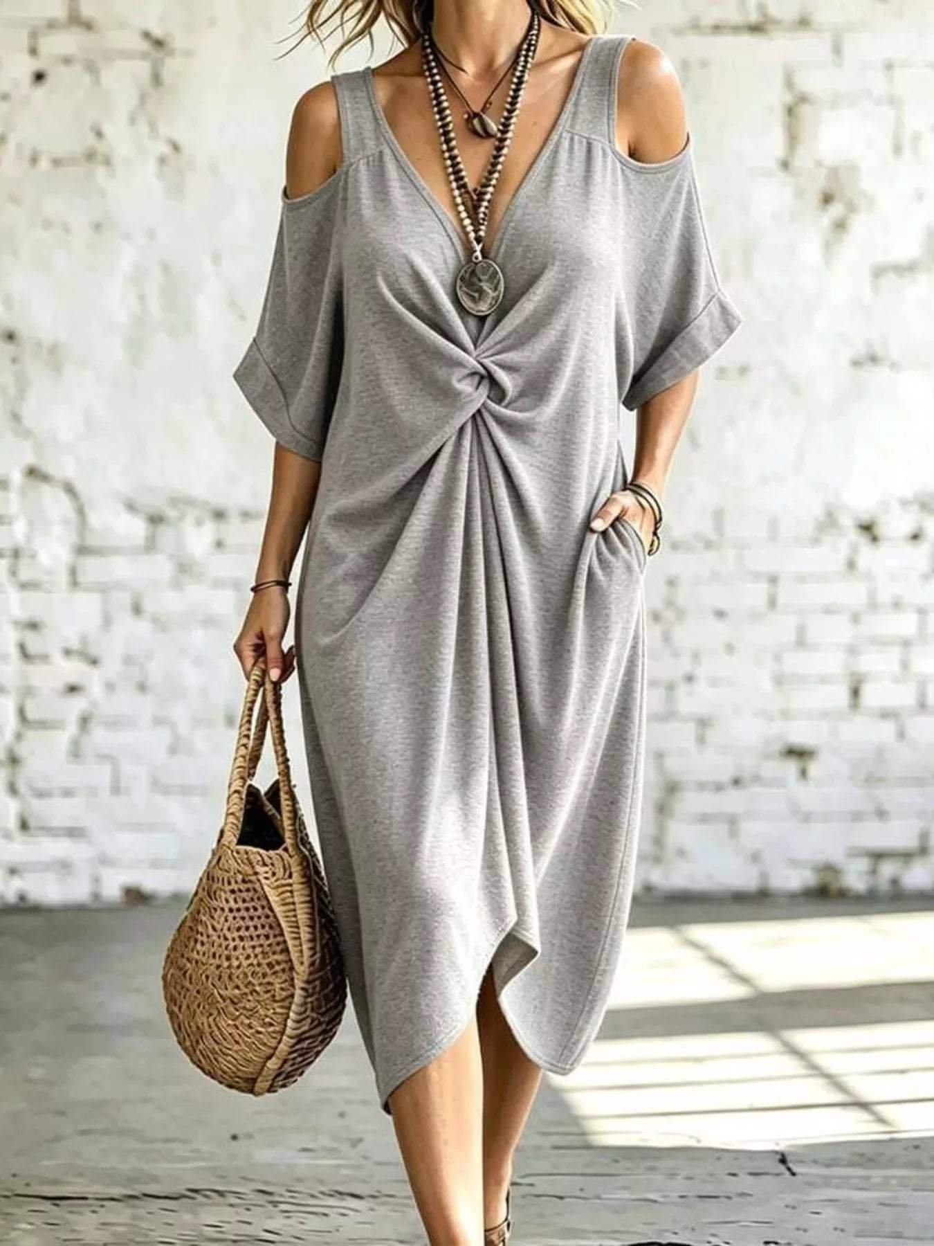 Full Size Cold Shoulder Twist Front Midi Dress Plus Size - Trendsi - Flyclothing LLC
