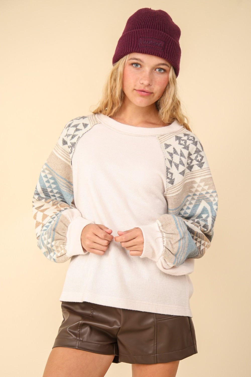 VERY J Printed Long Sleeve Round Neck Knit Top - Trendsi