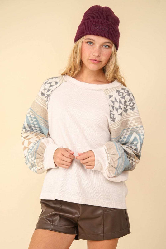 VERY J Printed Long Sleeve Round Neck Knit Top - Trendsi - Flyclothing LLC