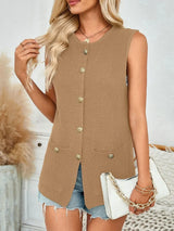 Button Down Round Neck Knit Vest - Trendsi - Flyclothing LLC
