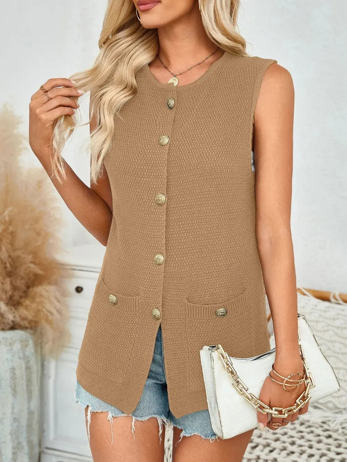 Button Down Round Neck Knit Vest - Trendsi - Flyclothing LLC