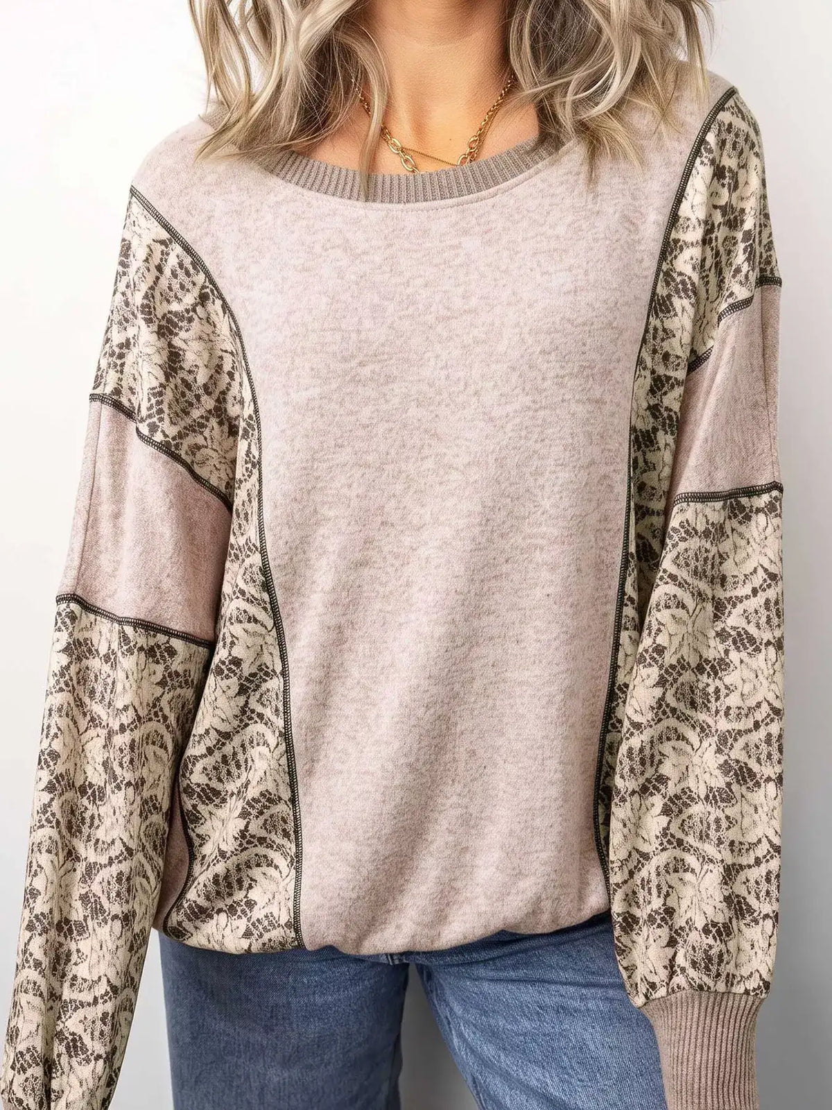 Floral Print Round Neck Long Sleeve Shift Top - Trendsi - Flyclothing LLC