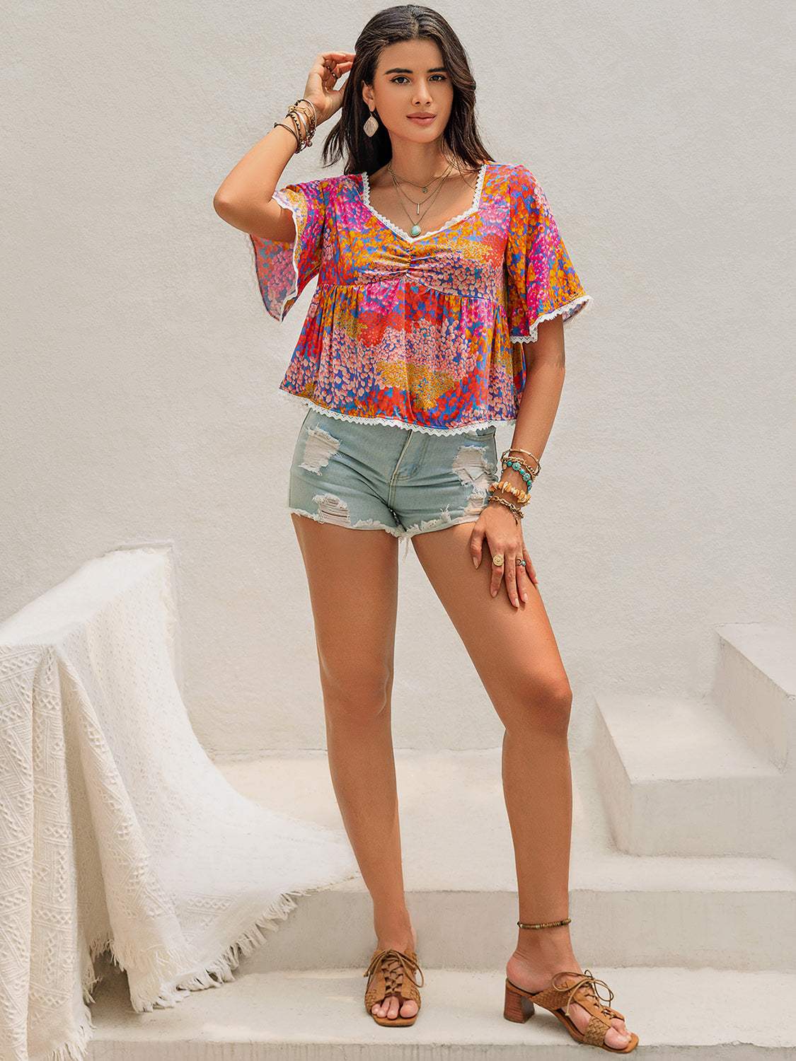 Ruched Printed Half Sleeve Blouse - Trendsi - Flyclothing LLC