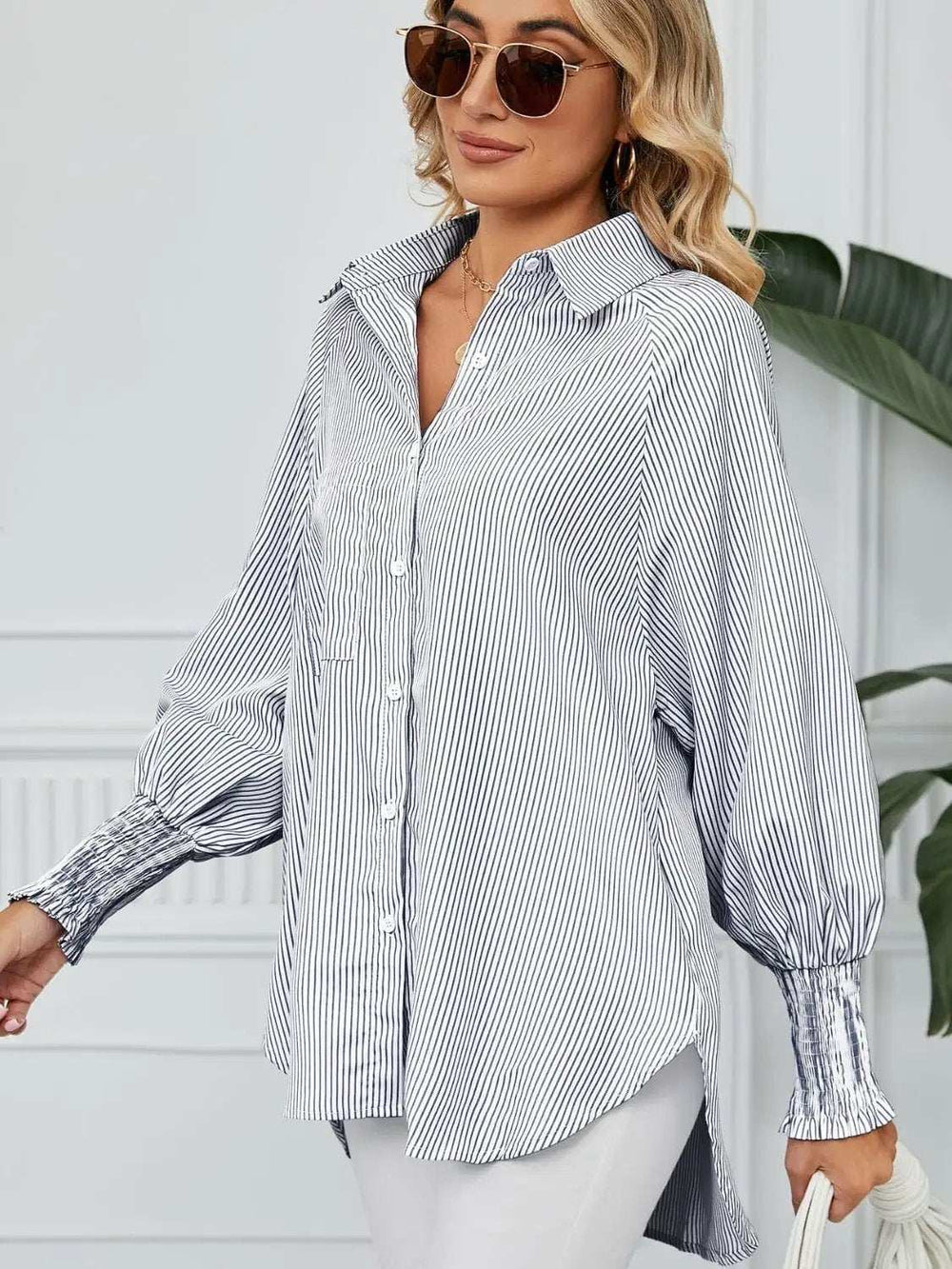 Striped Collared Neck Long Sleeve Shirt - Trendsi - Flyclothing LLC