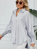 Striped Collared Neck Long Sleeve Shirt - Trendsi