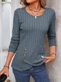 Decorative Button Round Neck Long Sleeve T-Shirt - Trendsi - Flyclothing LLC