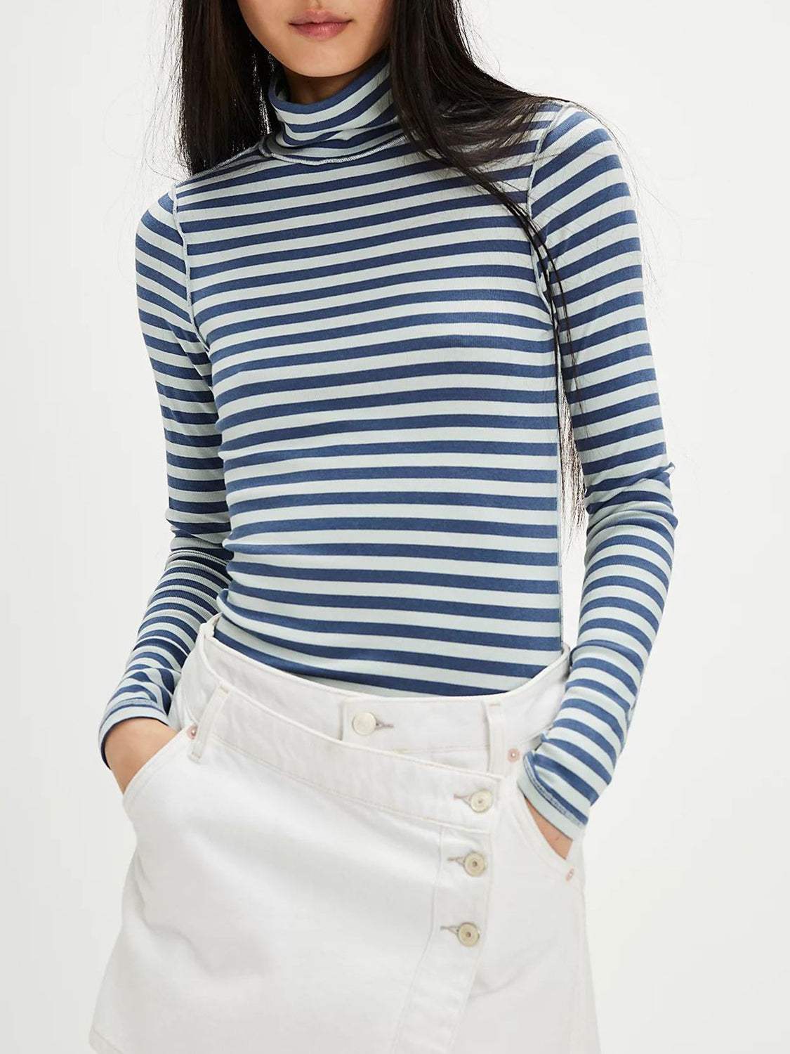 Exposed Seam Striped Turtleneck Long Sleeve T-Shirt - Trendsi - Flyclothing LLC