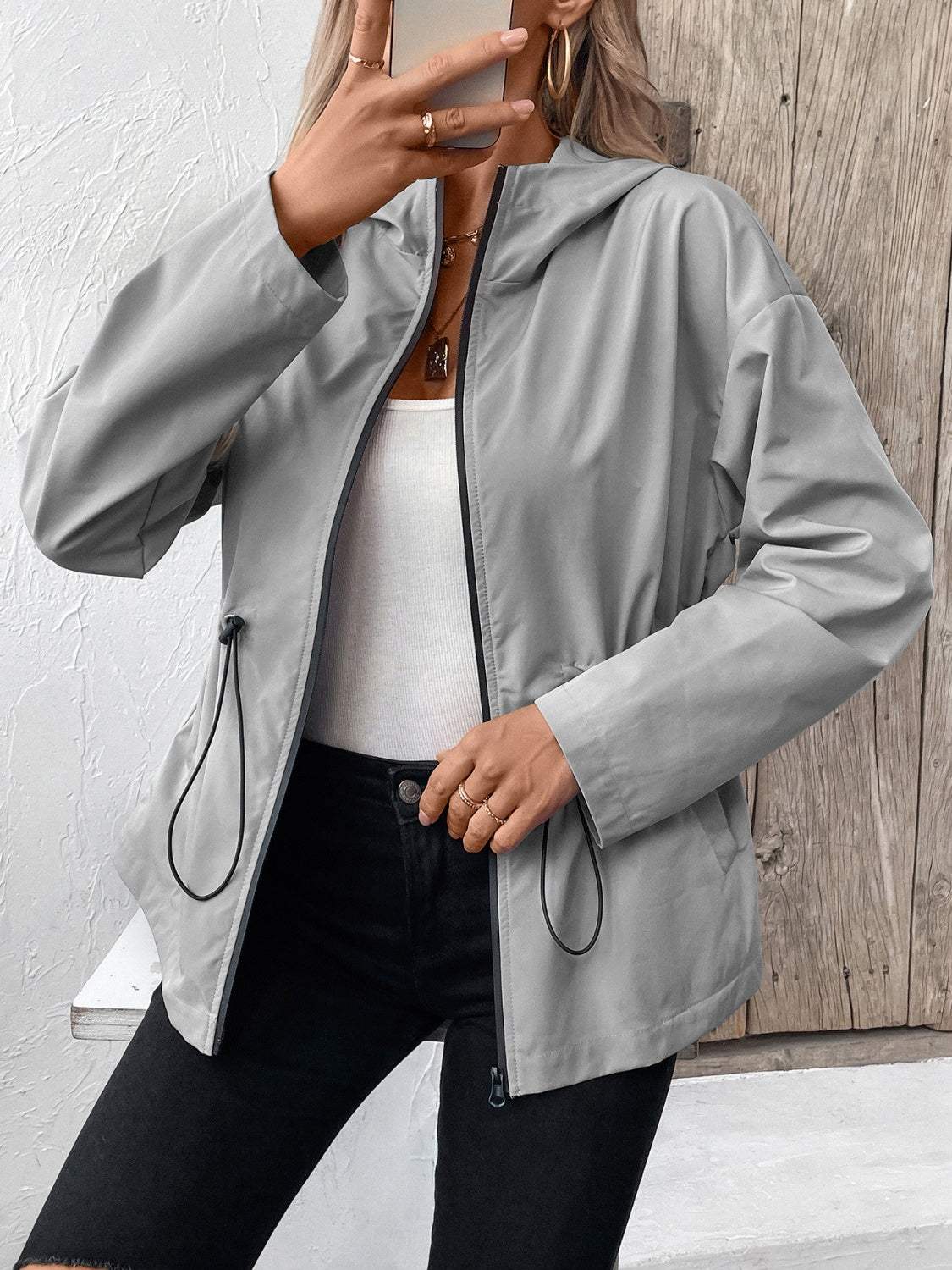 Drawstring Zip Up Hooded Jacket - Trendsi - Flyclothing LLC