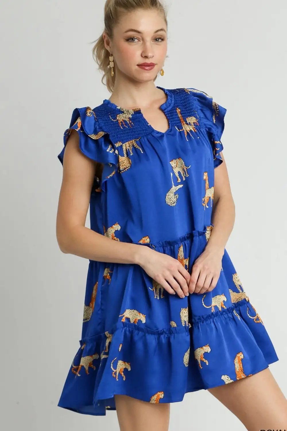 Umgee Full Size Cheetah Print Notched Ruffle Layered Cap Sleeve Mini Dress Plus Size - Trendsi