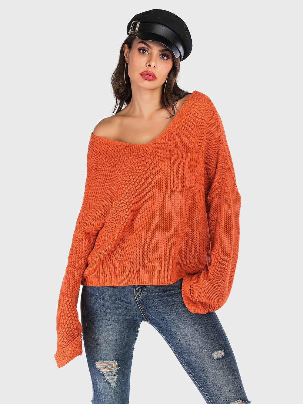 Perfee V-Neck Dropped Shoulder Long Sleeve Sweater - Trendsi