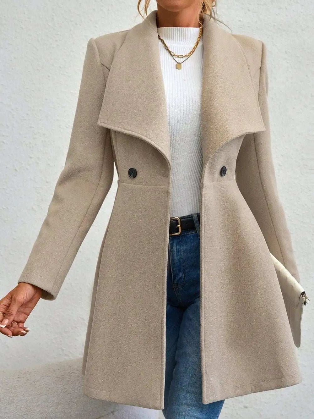 Collared Neck Button Up Long Sleeve Coat - Trendsi - Flyclothing LLC