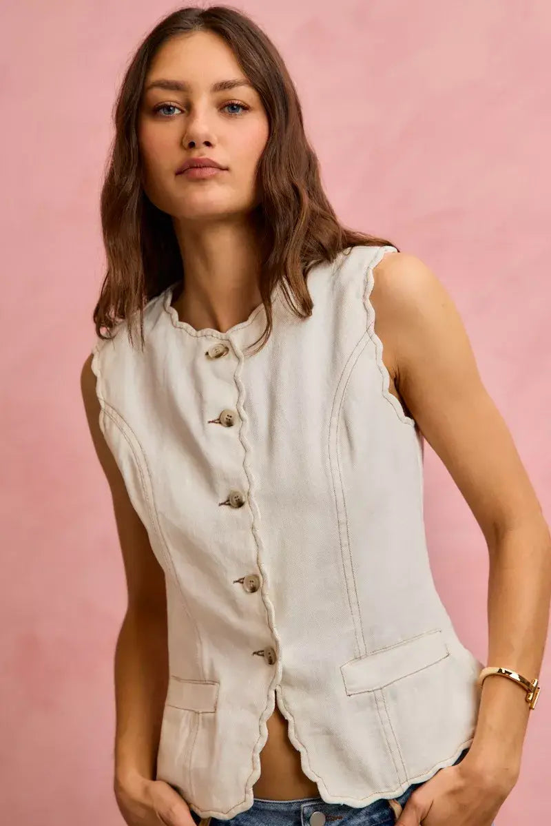 SO ME Scalloped Edge Cotton Twill Washed Vest Top - Trendsi - Flyclothing LLC