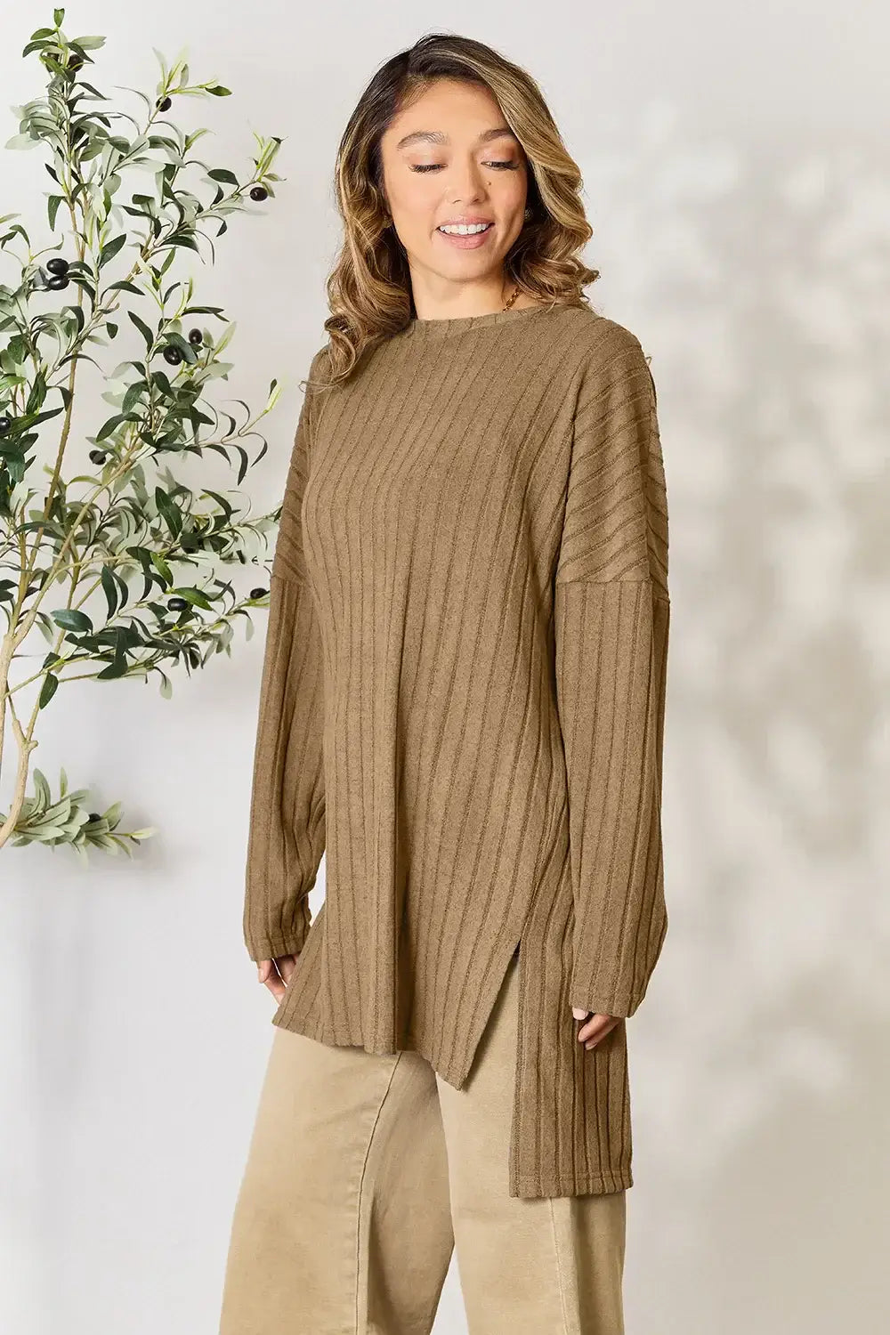 Basic Bae Full Size Ribbed Round Neck Long Sleeve Slit Top - ShopBasicbae - Flyclothing LLC
