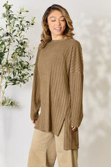 Basic Bae Full Size Ribbed Round Neck Long Sleeve Slit Top - ShopBasicbae - Flyclothing LLC