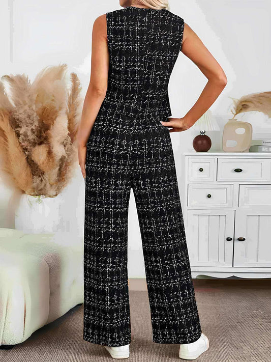 Plaid V-Neck Button Up Vest and Pants Set - Trendsi - Flyclothing LLC