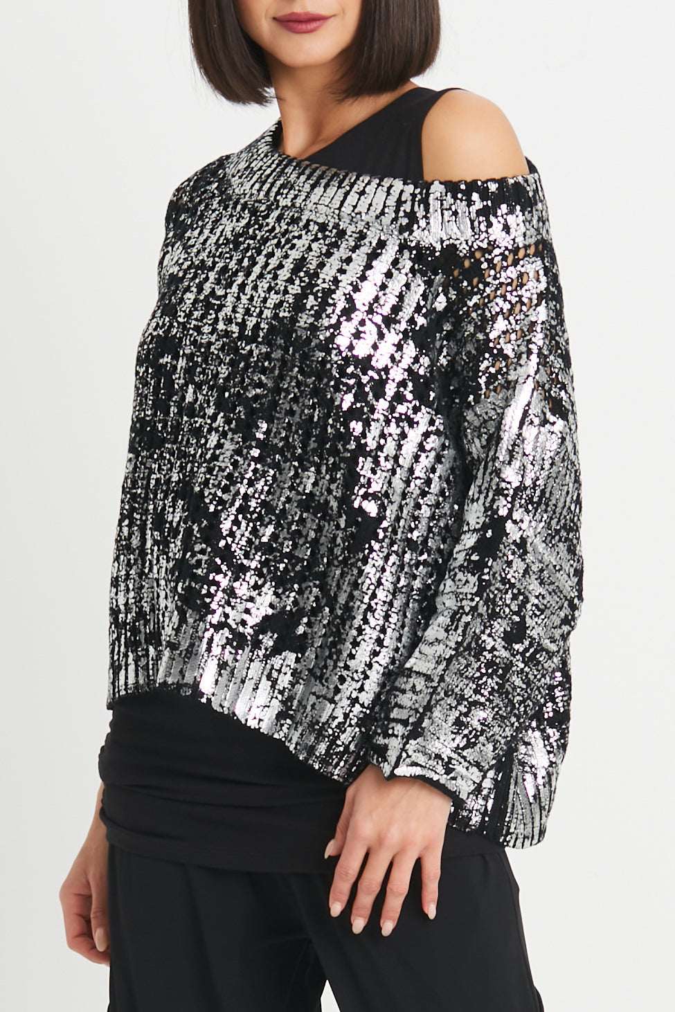Cotton Metallic Crochet Boatneck Sweater - Black/Silver - PLANET by Lauren G - Flyclothing LLC